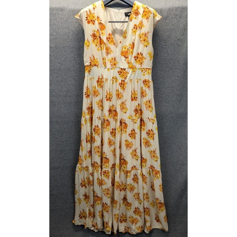 Alexia Admor Yellow Floral Long Dress Tiered Cap Sleeve Size 12 NWT